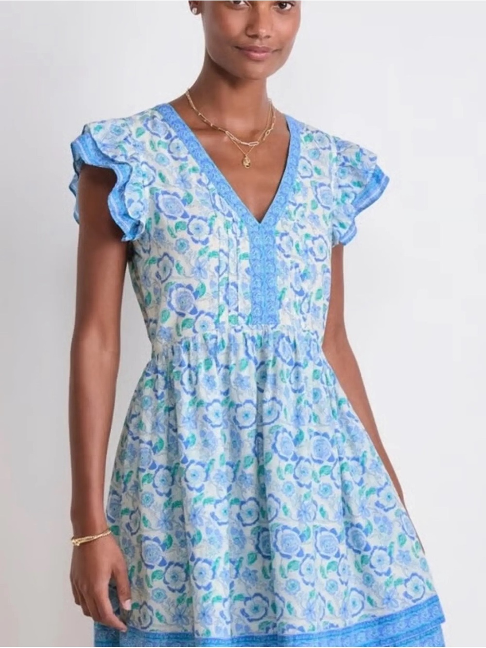 Vineyard Vines Light Blue Floral V-Neck Ruffle Midi Dress